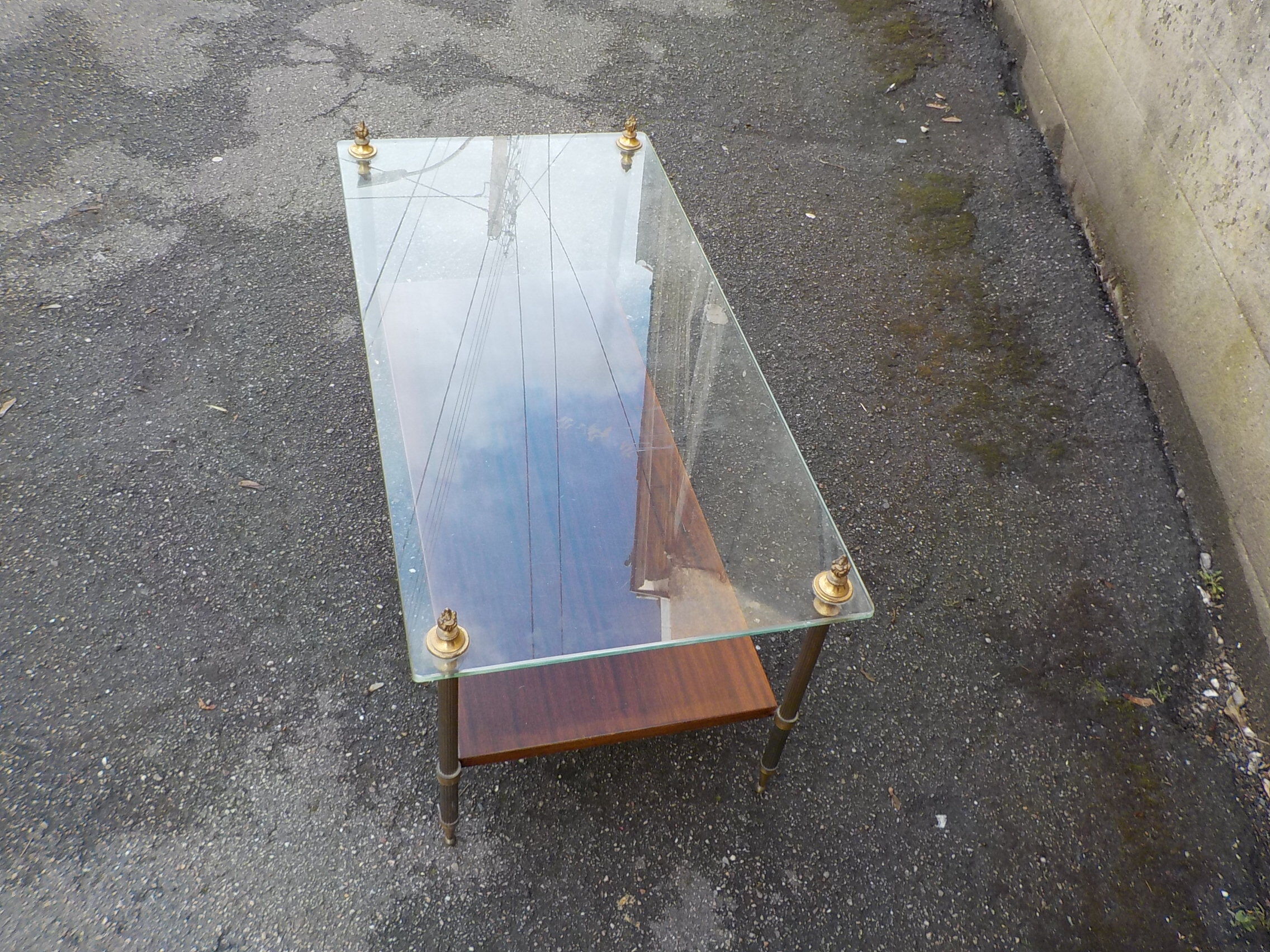 Coffee table or end of canape top glass and wood under bronze frame