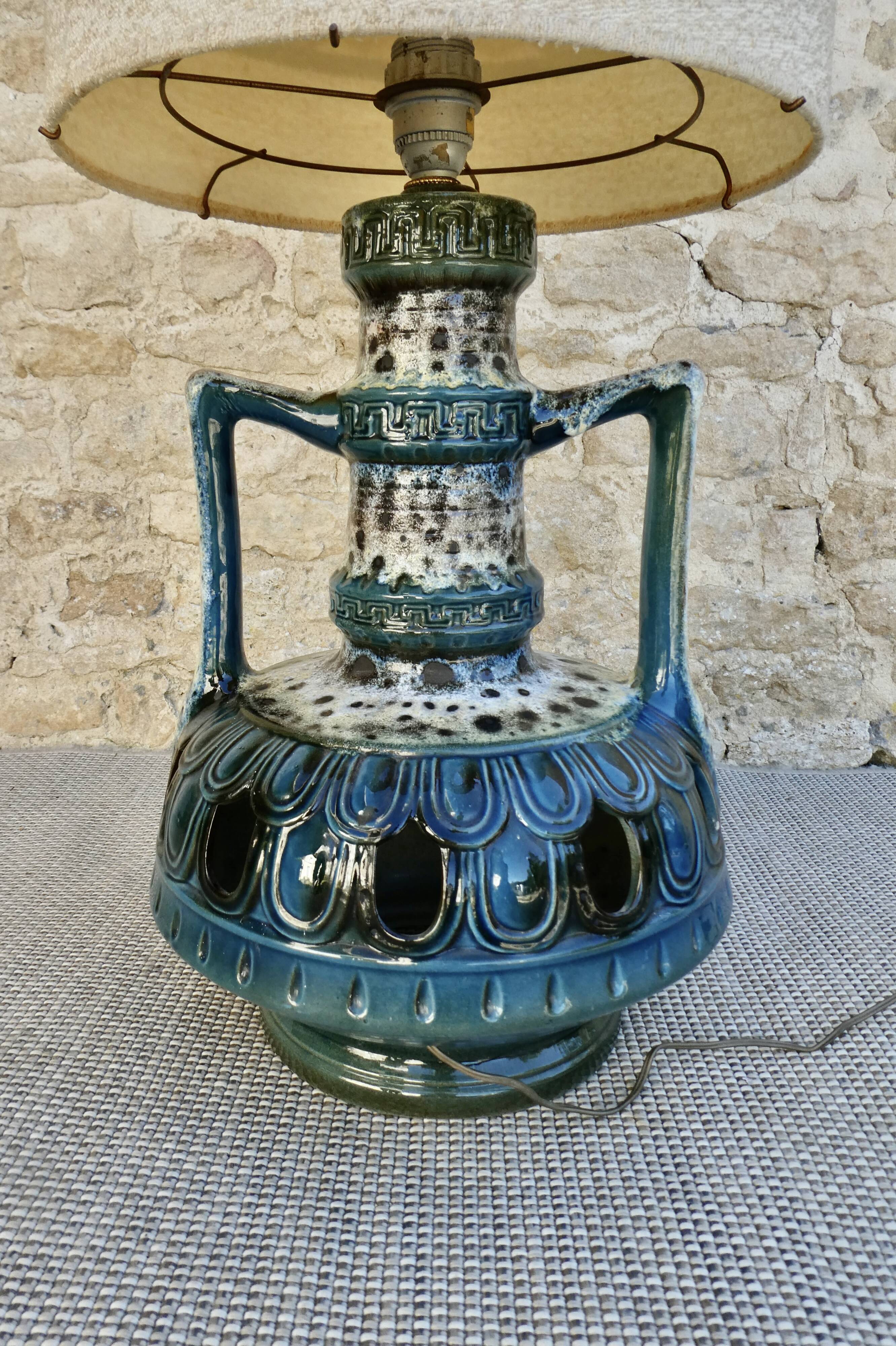 Blue ceramic floor lamp, Fat Lava, double lighting, 70s