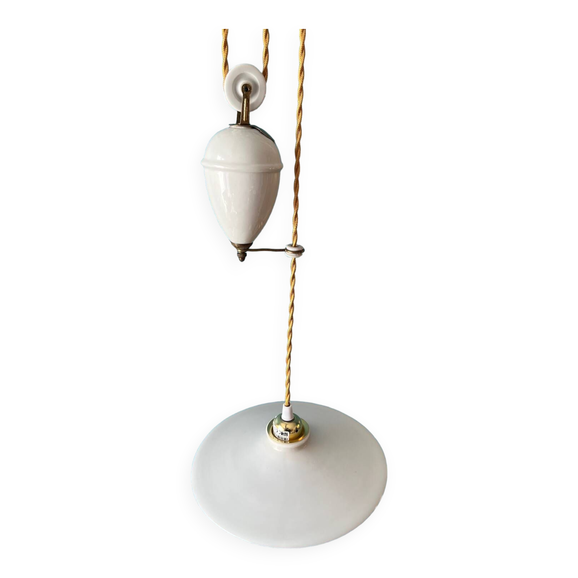 Period pendant lamp rises and falls in porcelain and opaline