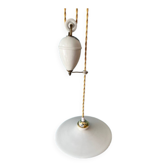 Period pendant lamp rises and falls in porcelain and opaline