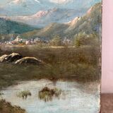 Mountain landscape stroll, oil on canvas signed Rollet.