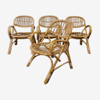 Set of 4 rattan dining or living room chairs with armrests