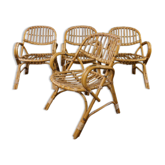 Set of 4 rattan dining or living room chairs with armrests