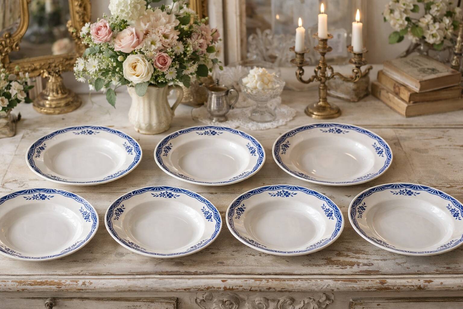 7 assiettes creuses anciennes en faïence de Saint-Amand (Nord)