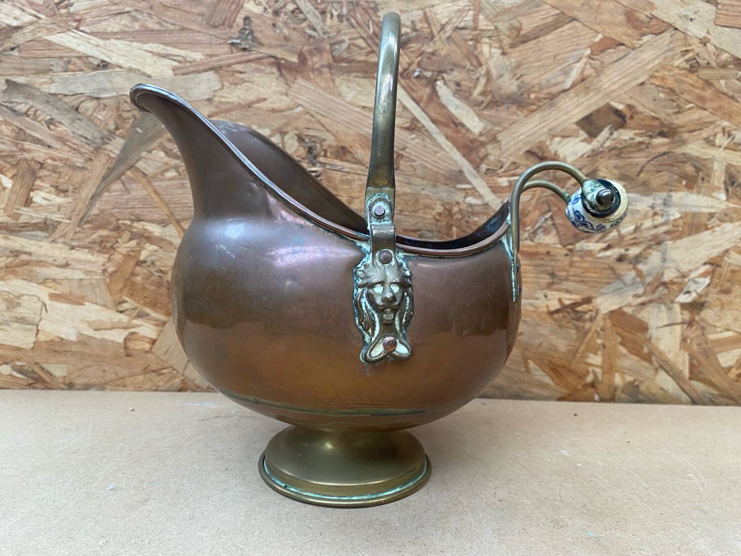 Antique copper & brass ash bucket + porcelain handle