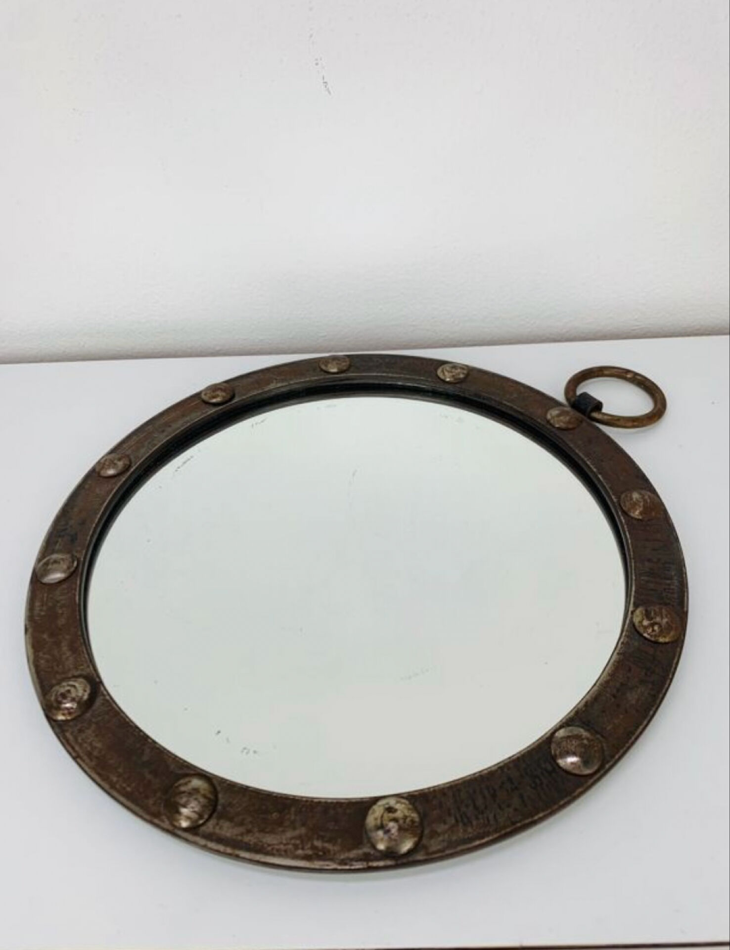Round mirror with iron frame, vintage