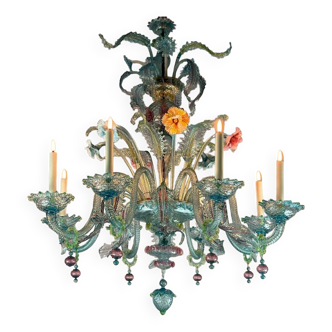 Lustre Vénitien En Verre De Murano Multicolore à Dominante Aigue-marine, 8 Bras De Lumière