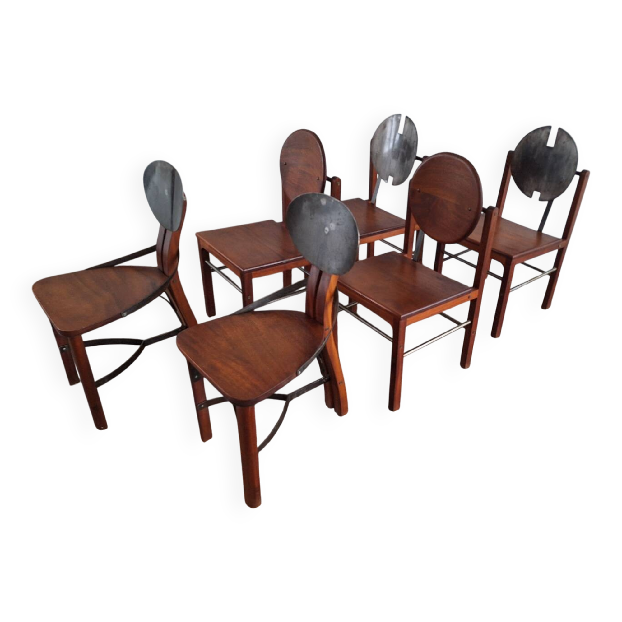 Set of 6 mid century Brutalist teak and steel dining chairs, 1960s