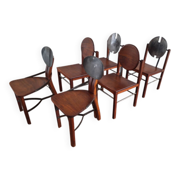 Ensemble de 6 chaises de salle à manger en teck et acier brutaliste des années 1960.