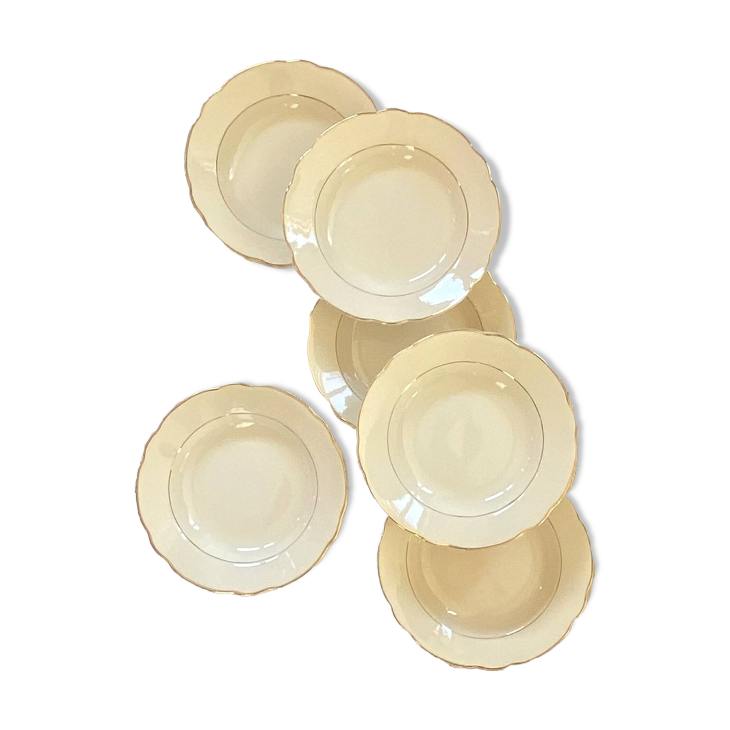 Set of 6 old earthenware soup plates, cream color and gilding Digoin Sarreguemines ACC-7157