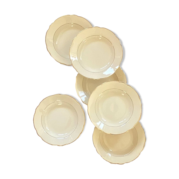 Lot de 6 assiettes creuses faïence ancienne couleur crème et dorure Digoin Sarreguemines ACC-7157