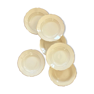Lot de 6 assiettes creuses faïence ancienne couleur crème et dorure Digoin Sarreguemines ACC-7157
