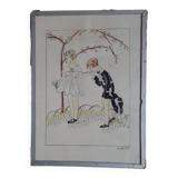 Illustration from the 1930s representing 2 characters signed Dudret