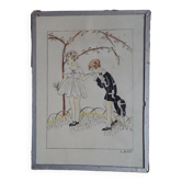 Illustration from the 1930s representing 2 characters signed Dudret