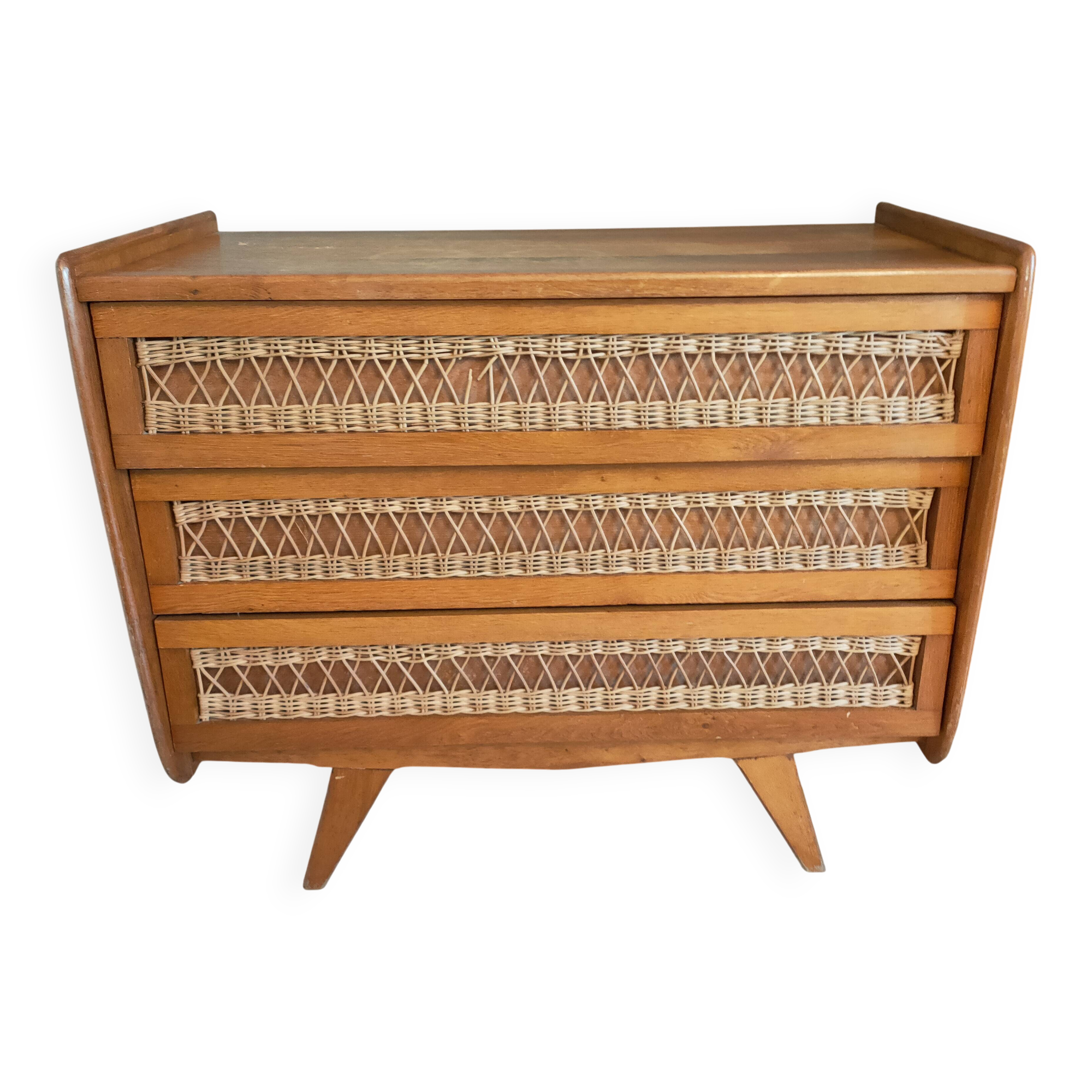 Vintage rattan and oak chest of drawers from the 1960s
