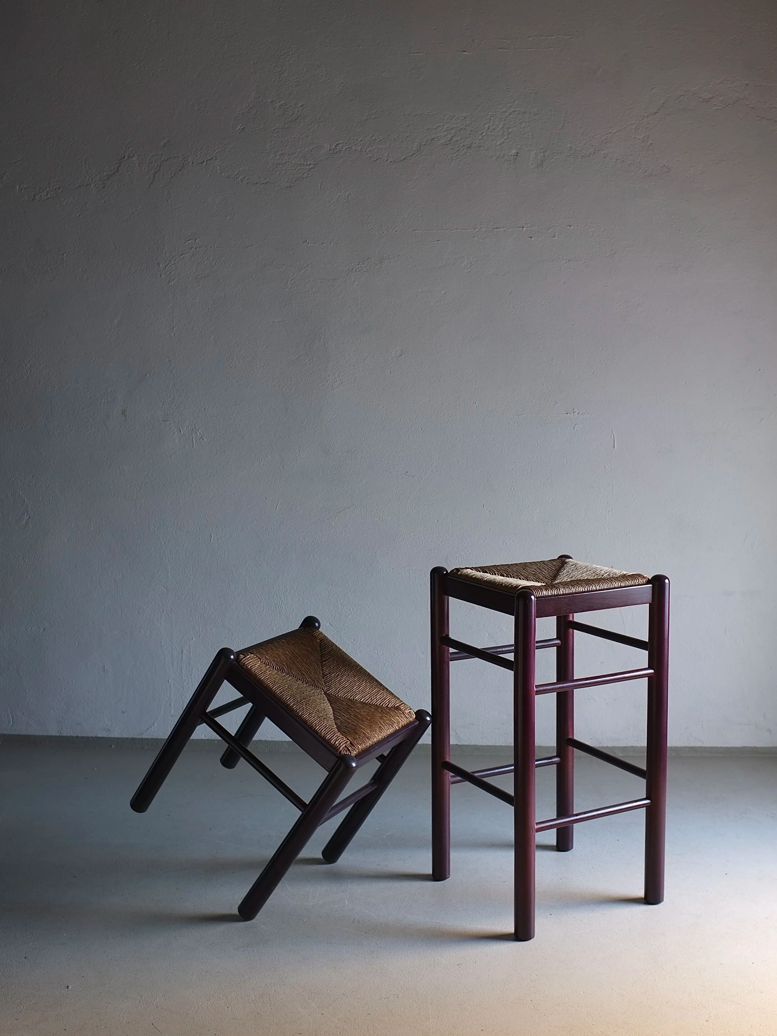 Tabouret et tabouret de bar vintage avec assise en jonc | Italie | Années 1970
