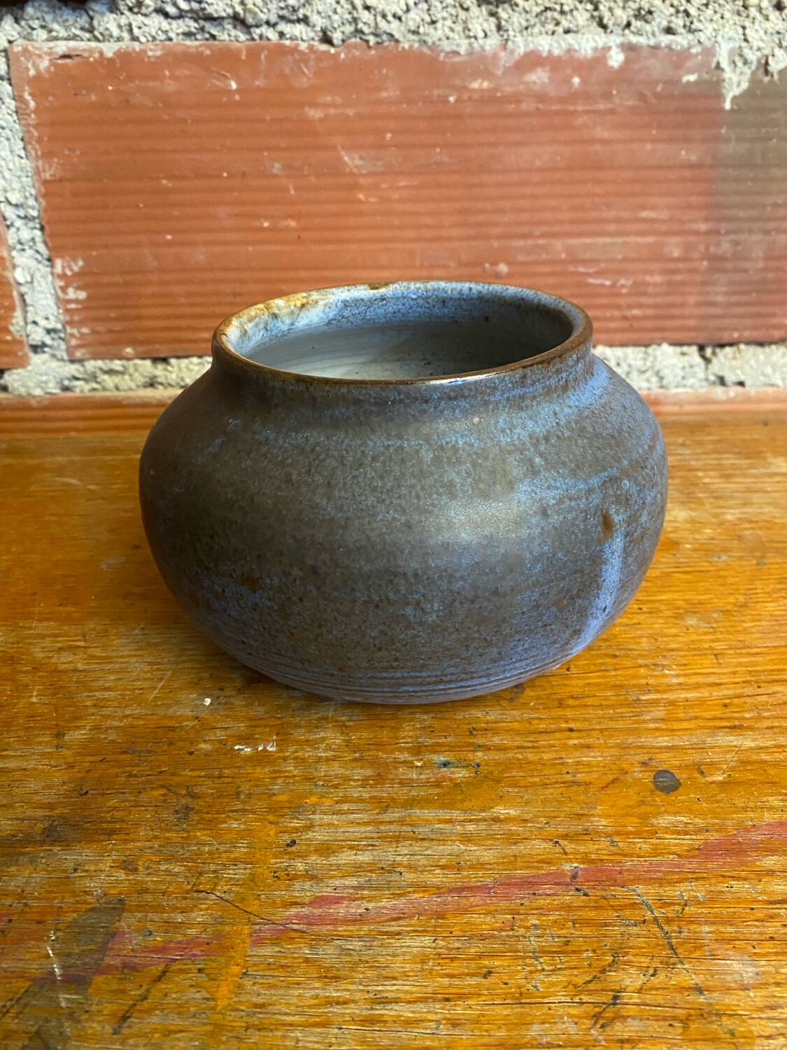 Vintage Blue-Brown Ceramic Ball Vase, Made in France