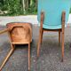 4 Scandinavian dining chairs in solid wood and blue-green leather from the 1950s.