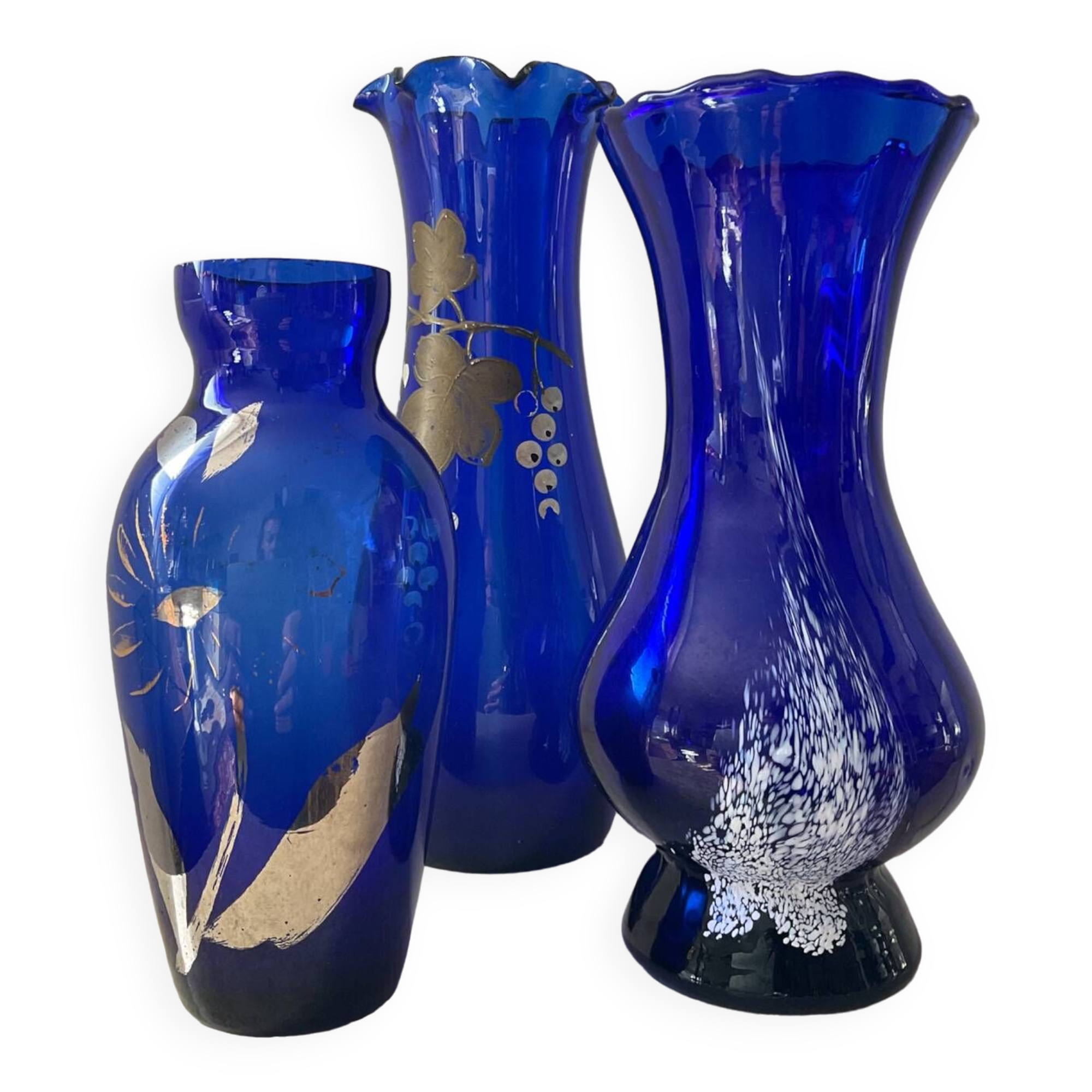Trio of cobalt blue Art Deco vases