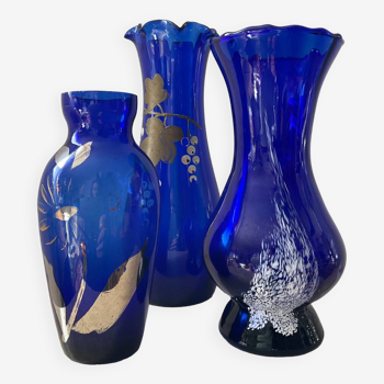Trio of cobalt blue Art Deco vases