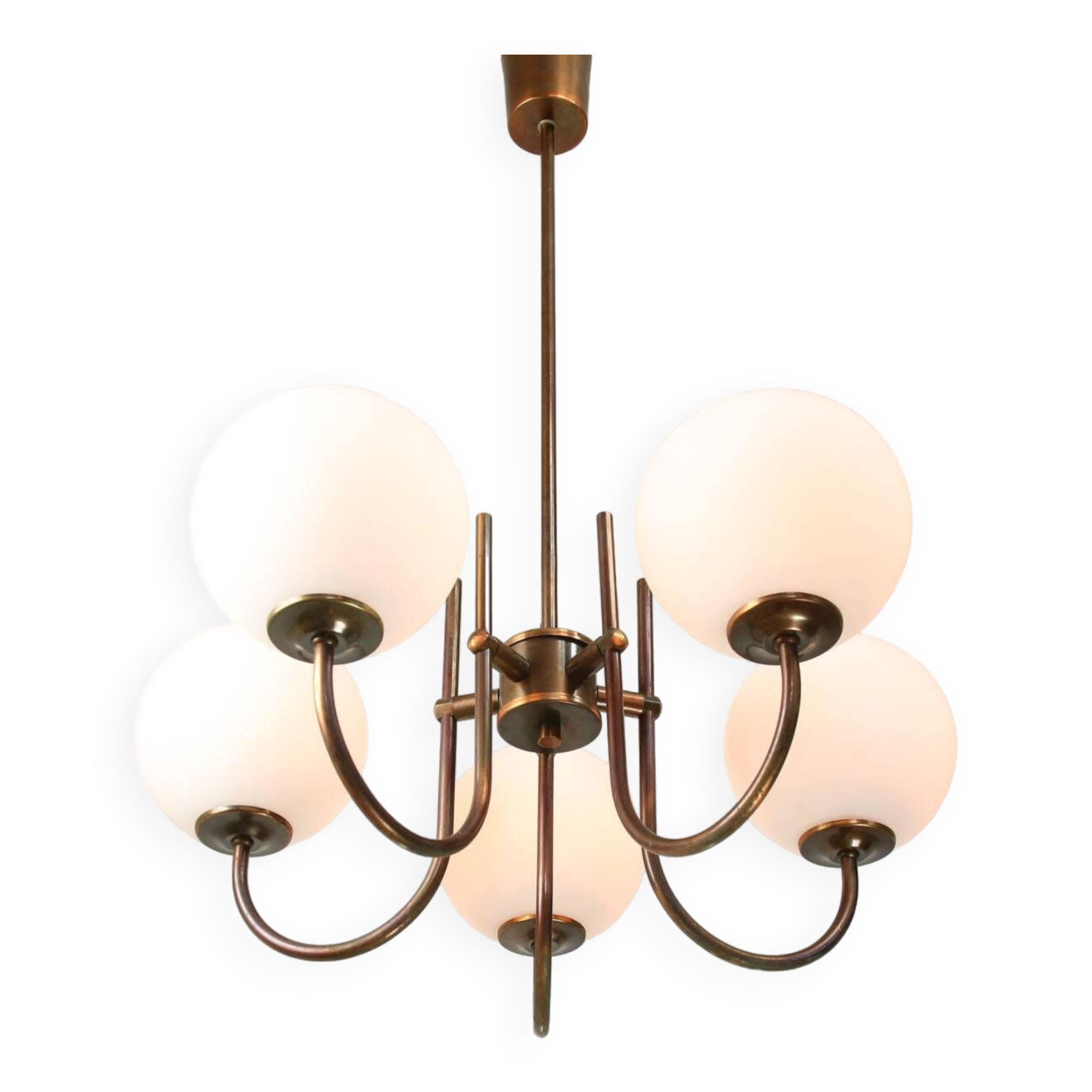 Vintage Italian Brass and Opaline Chandelier in Copper Color, 70s