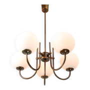 Vintage Italian Brass and Opaline Chandelier in Copper Color, 70s