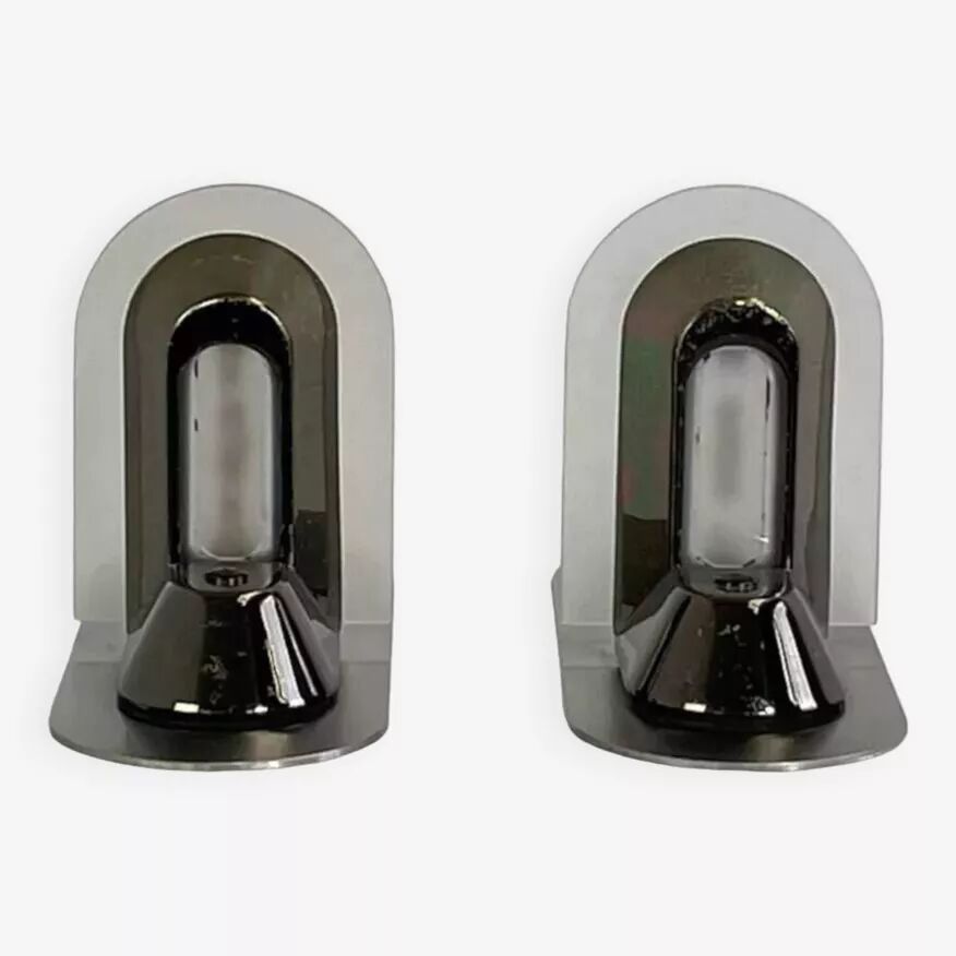 Pair of vintage stainless steel and glass wall lights