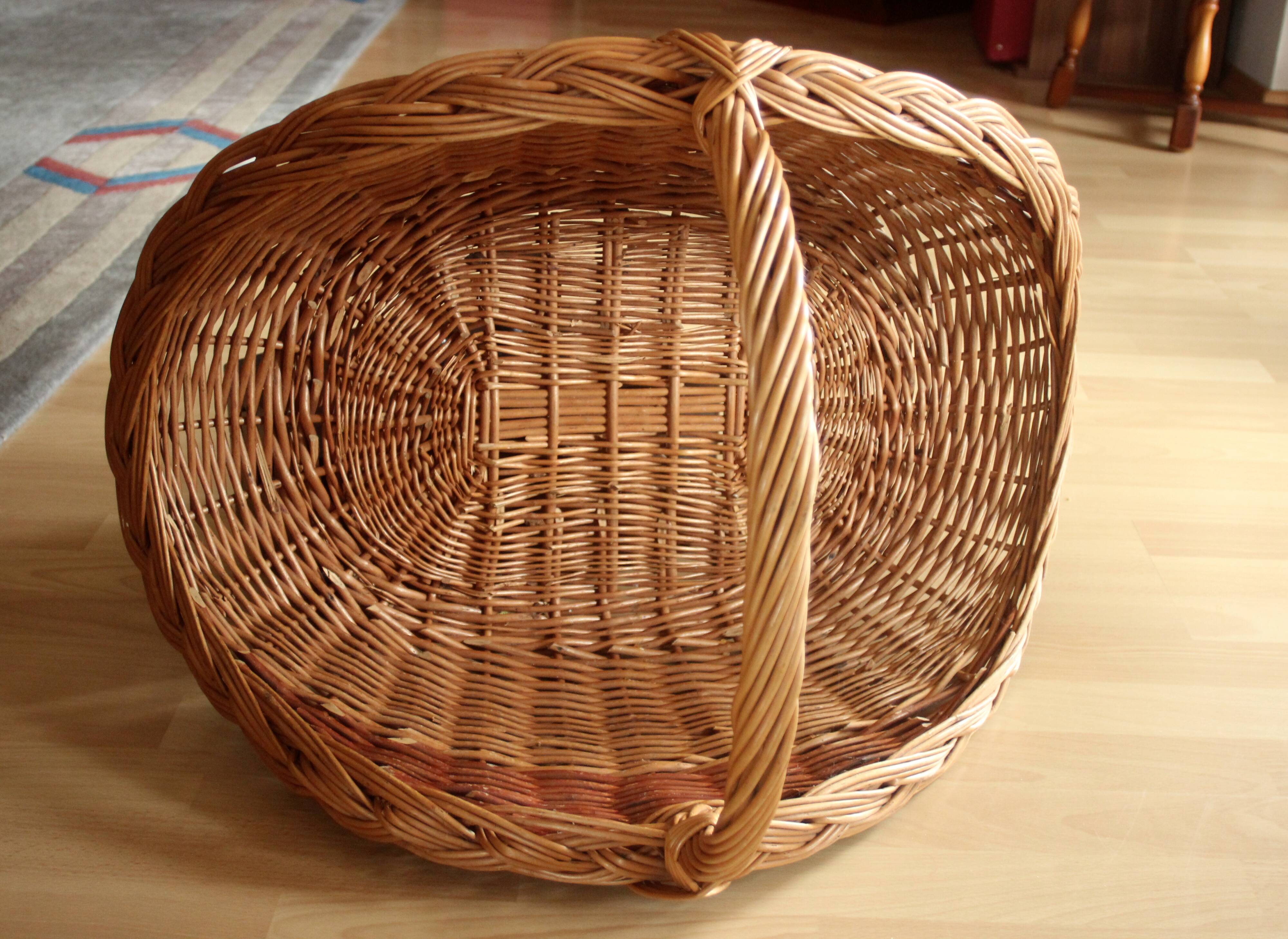 Large handmade solid wicker braided firewood basket, vintage from the 80s