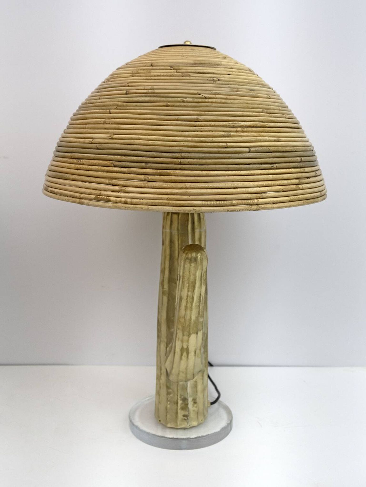 Pair of Hollywood Regency Rattan and Brass Cactus Lamps, Italy, 1990s