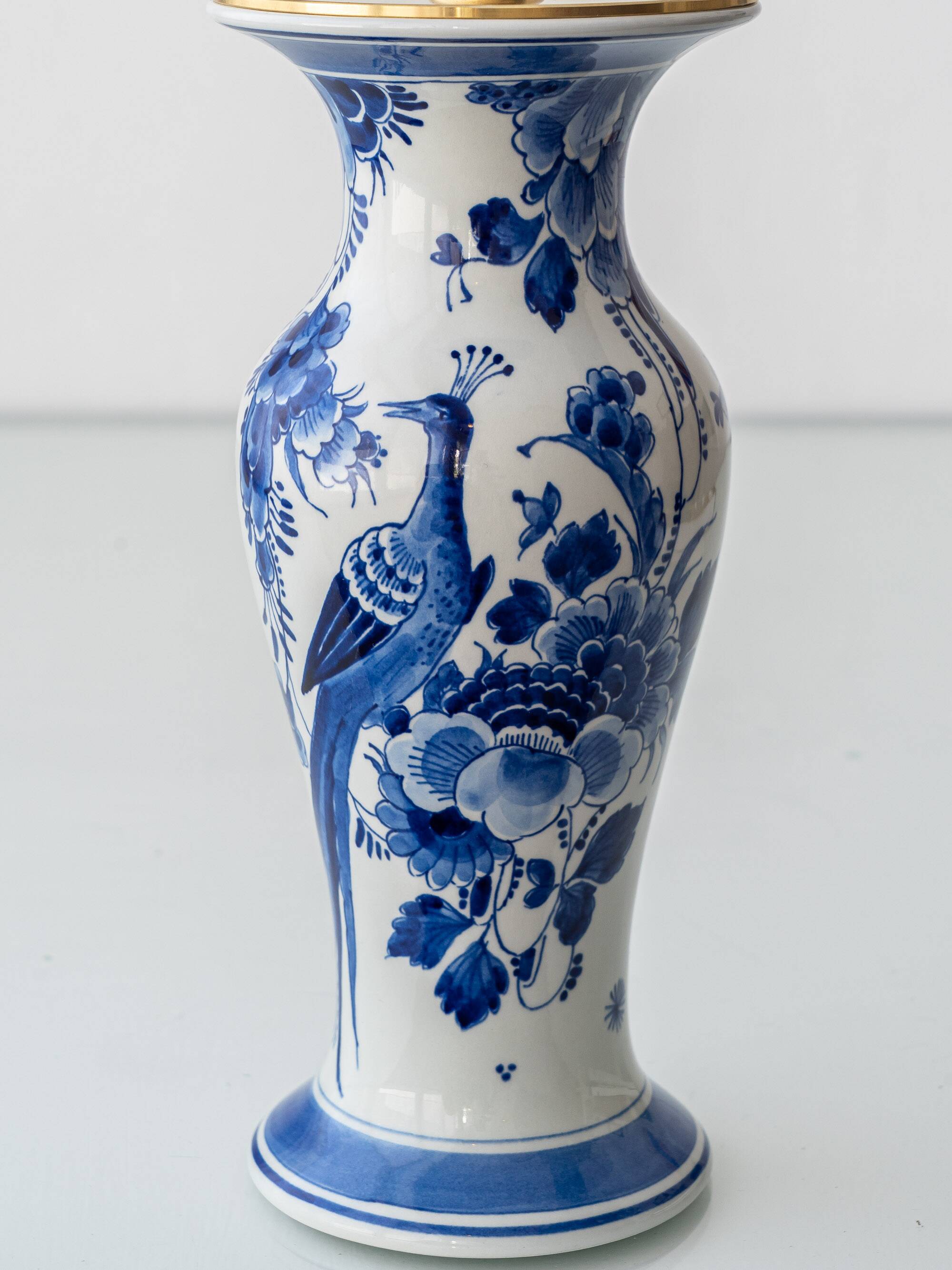 Royal Delft Blue, White, and Green Chinoiserie Bird Table Lamp, 1979