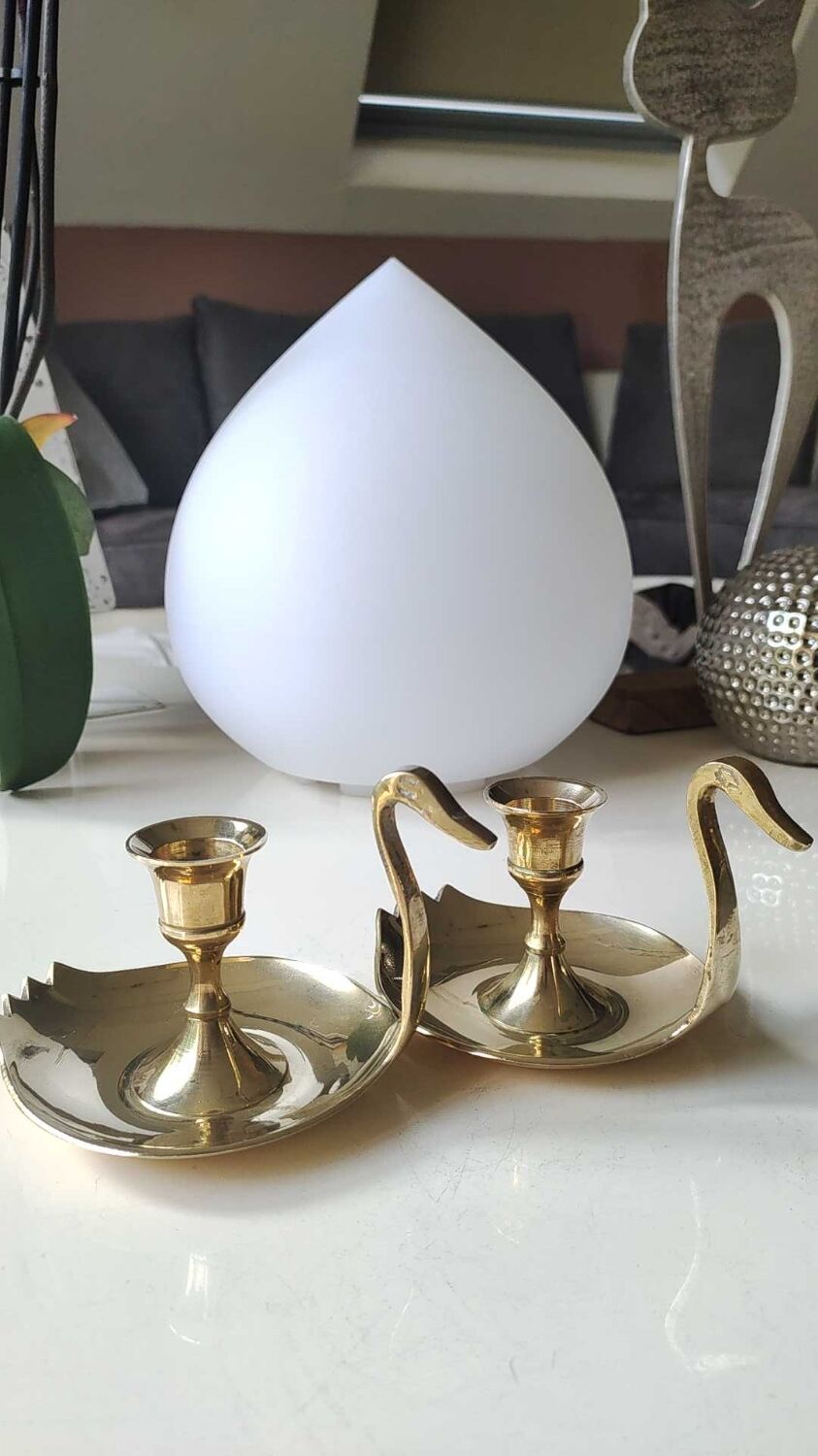 Pair of hand candle holders/Cellar rats shape swans, in polished brass. 1950s