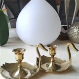 Pair of hand candle holders/Cellar rats shape swans, in polished brass. 1950s