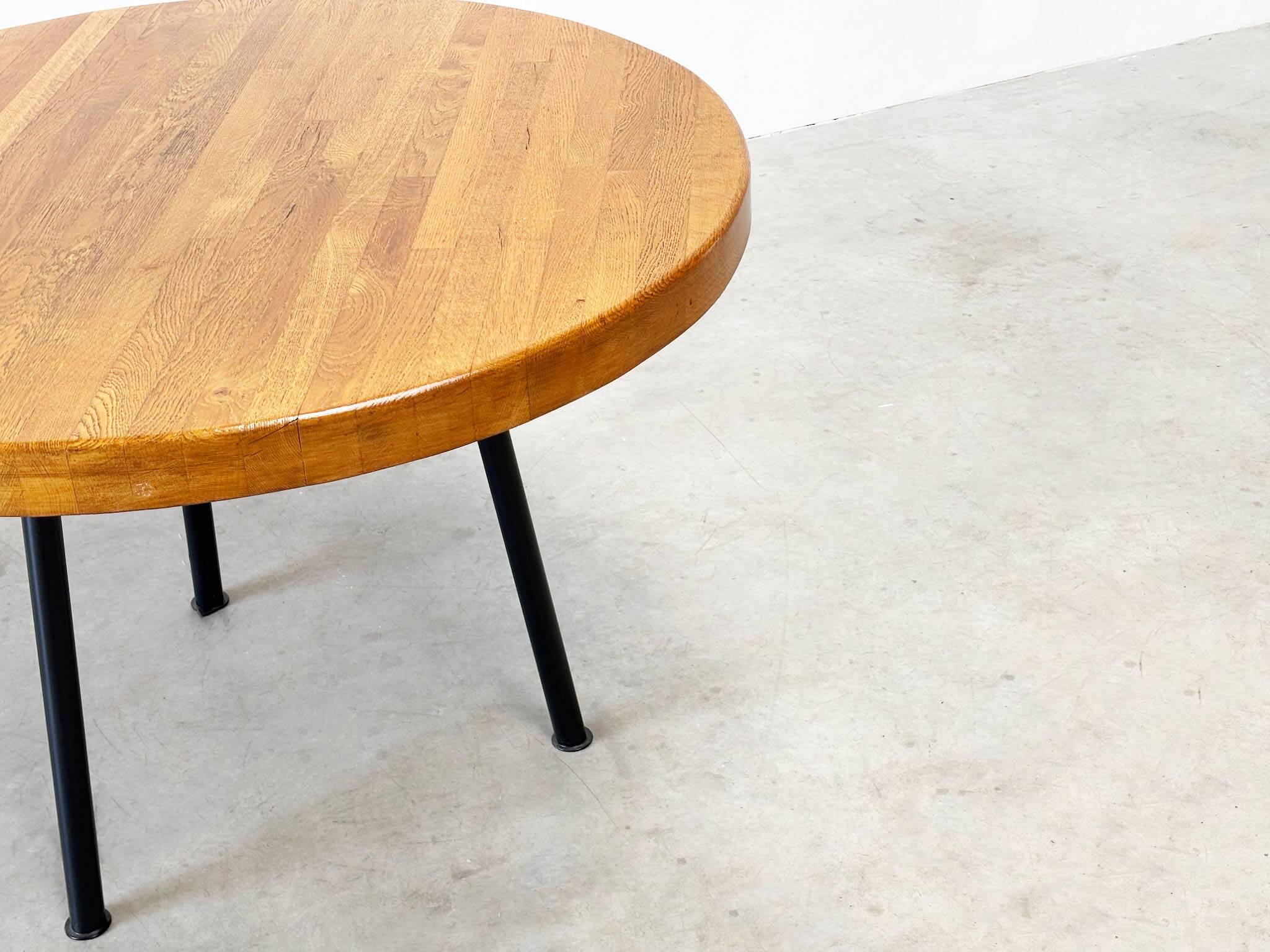 Industrial French round dining table with oak top