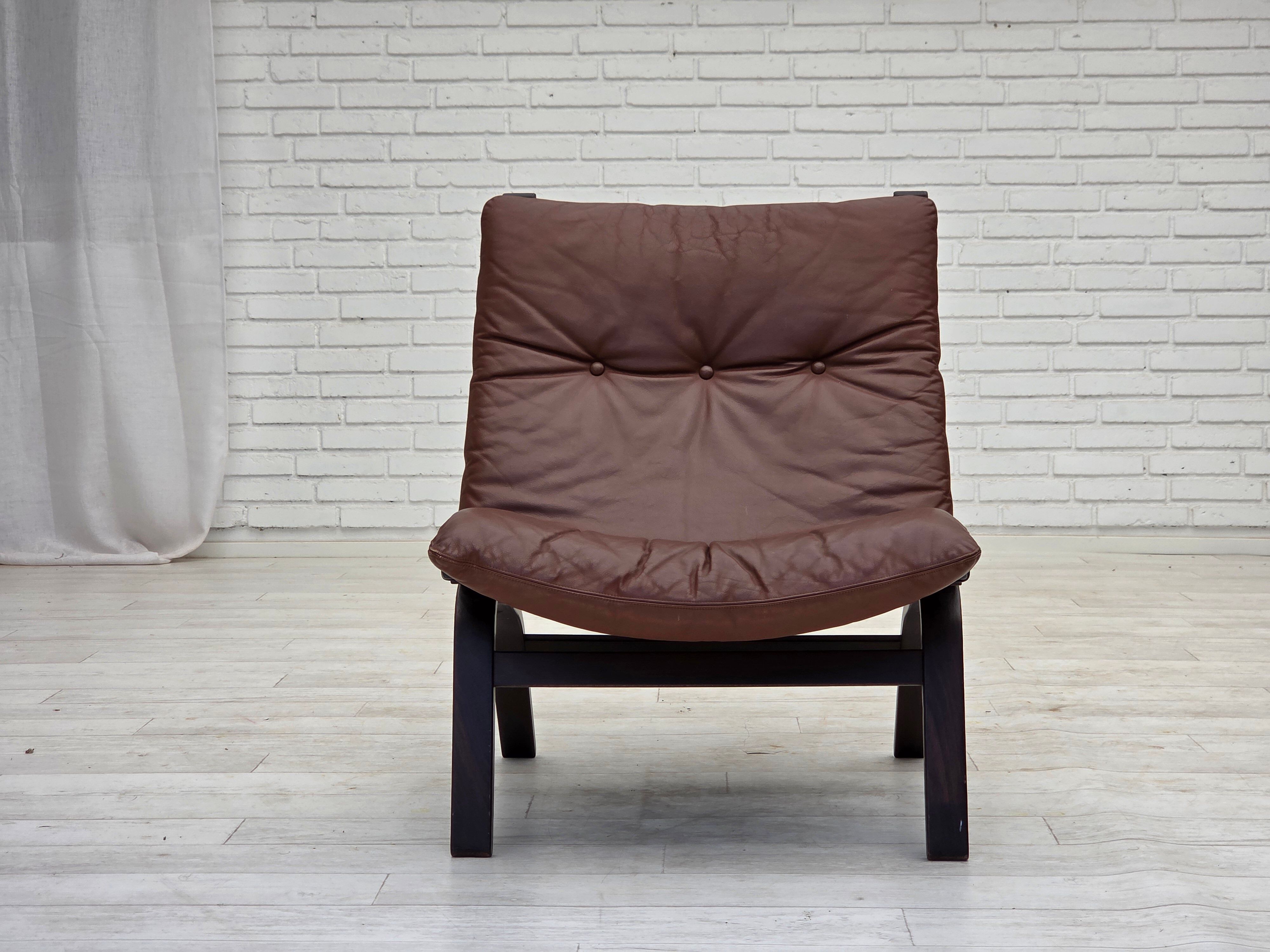 1970s, Danish loungechair by Farstrup, leather, canvas, bent wood.