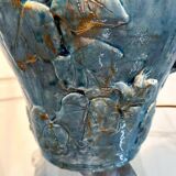 Handmade French ceramic lamp with ivy & frogs in turquoise glaze with gold accents