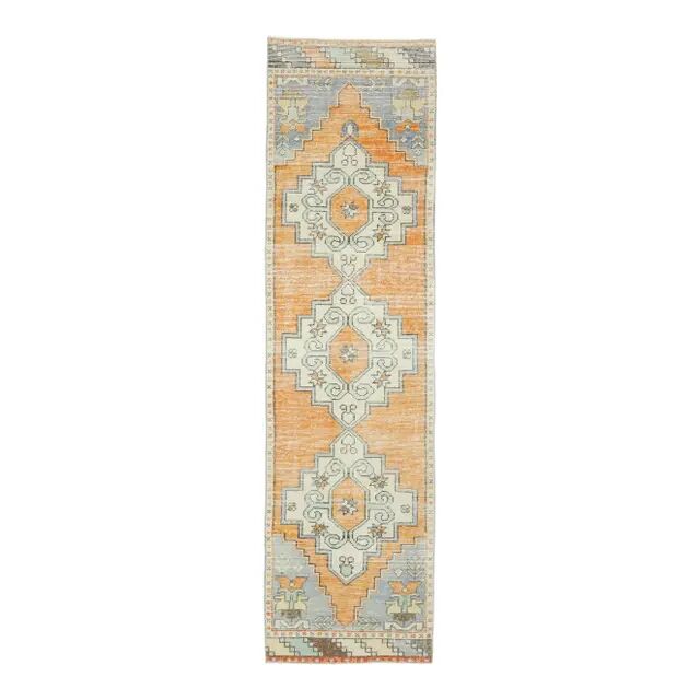 Vintage Turkish Hand-Knotted Wool Cotton Orange Runner Rug 69x271