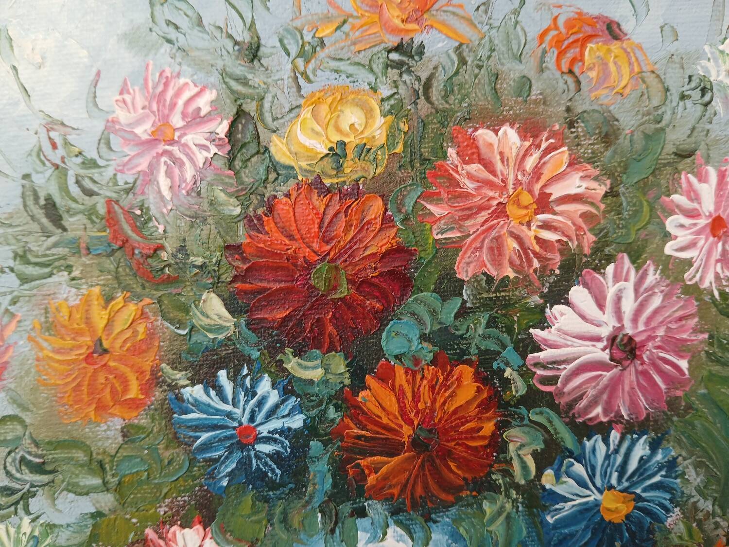 Small painting, bouquet of flowers, blue background