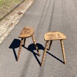 Pair of tripod farm stools in turned wood