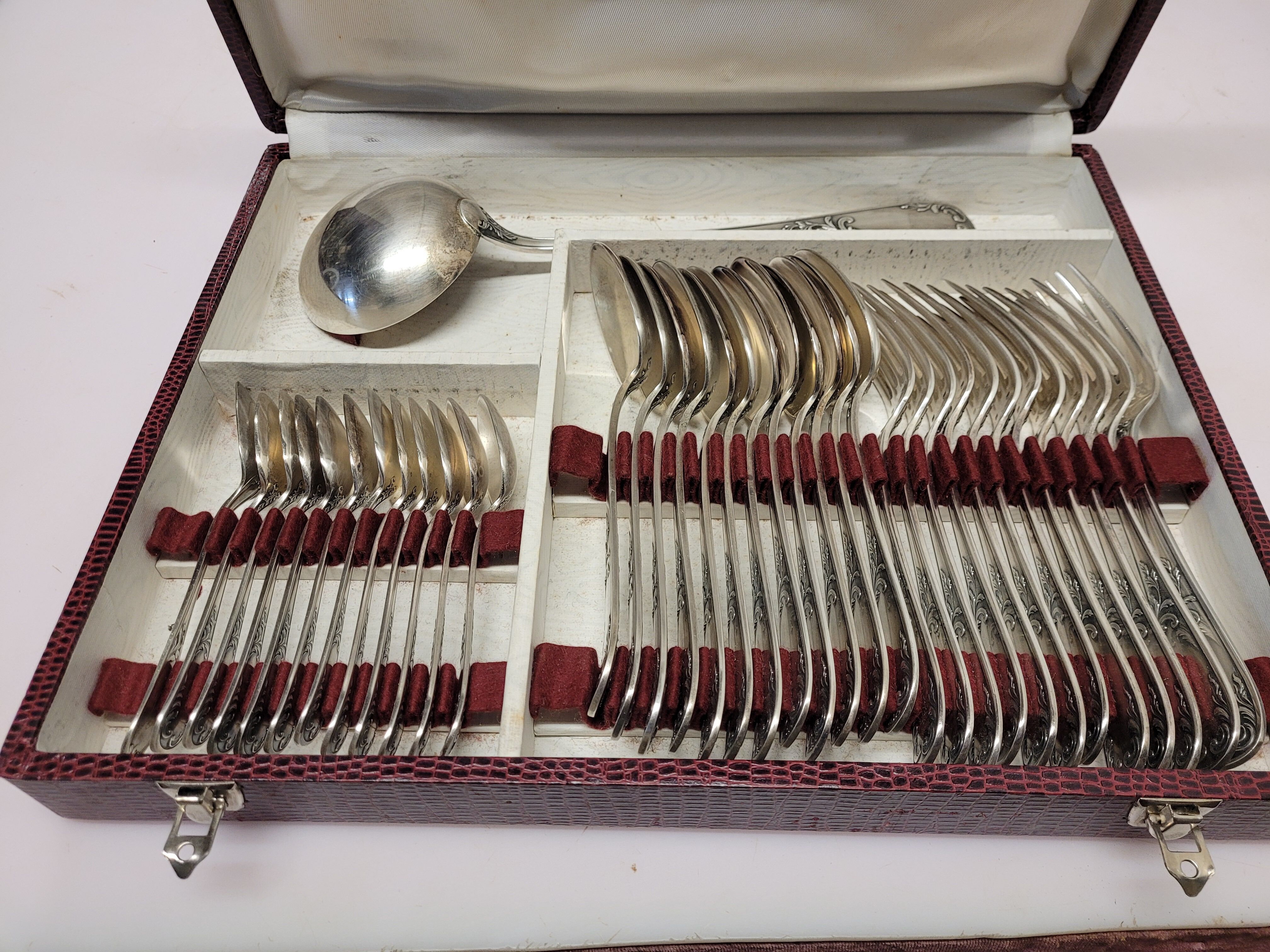 Old silver metal service with box