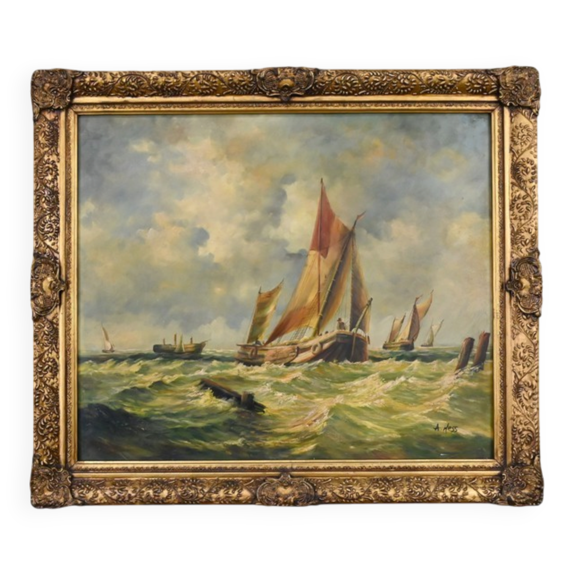 Tableau "Sailboats in Rough Seas" signed Albert Hess – Mid 20th century