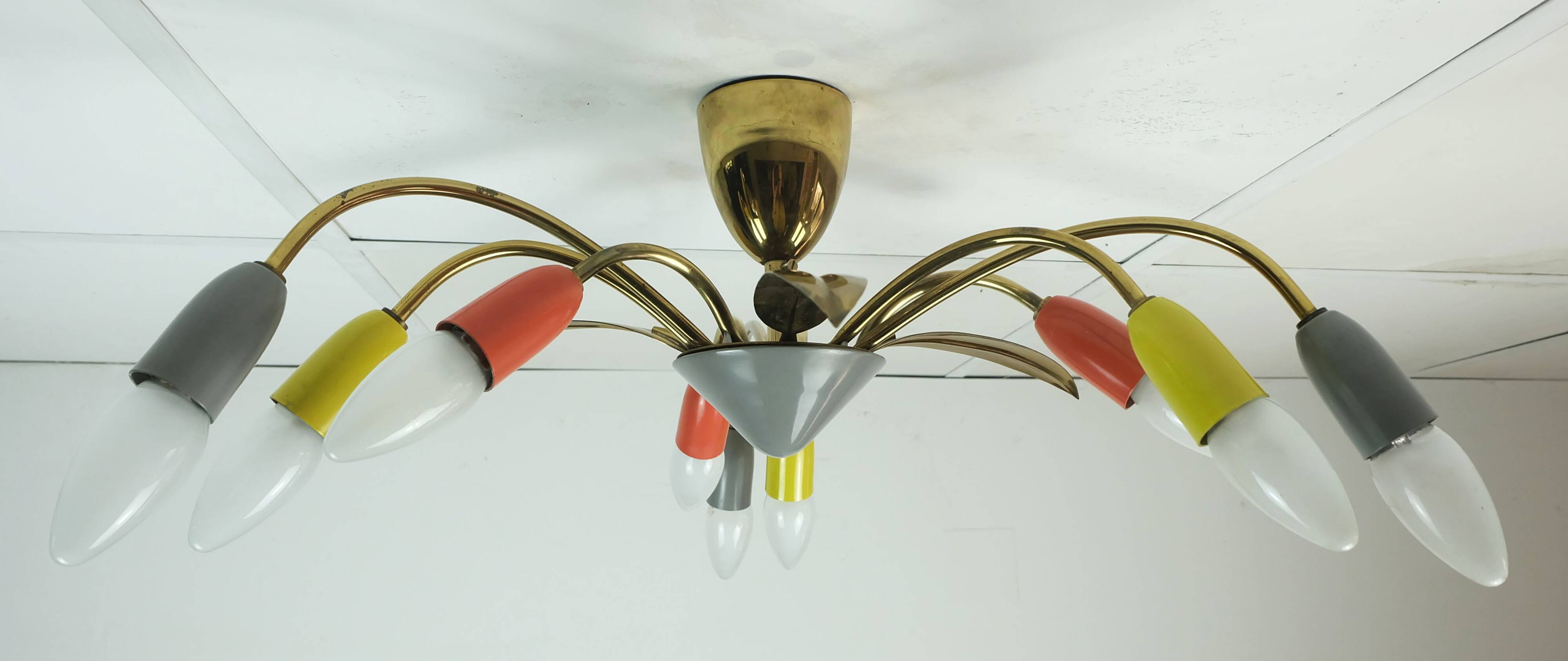 1950s mid century sputnik spider 9-light CEILING LAMP brass metal