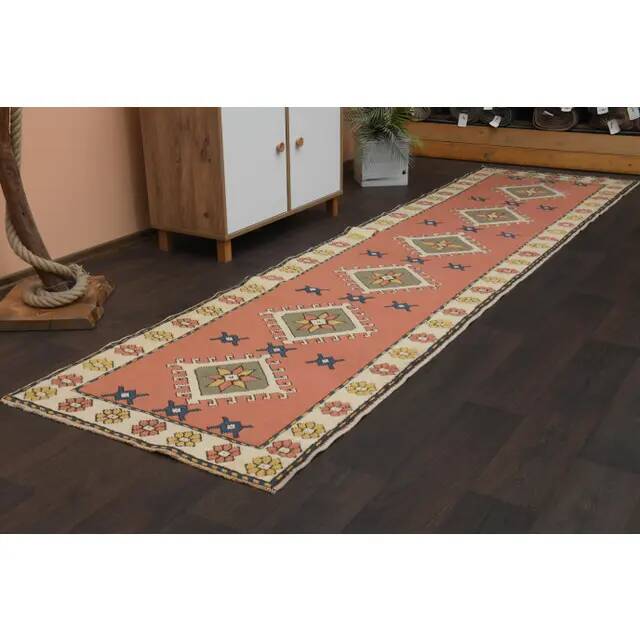 1970s Vintage Turkish Oushak Handmade Orange Runner Rug  91x361
