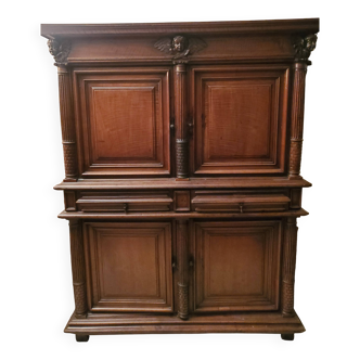 Antique two-part cabinet in solid wood, molded and carved