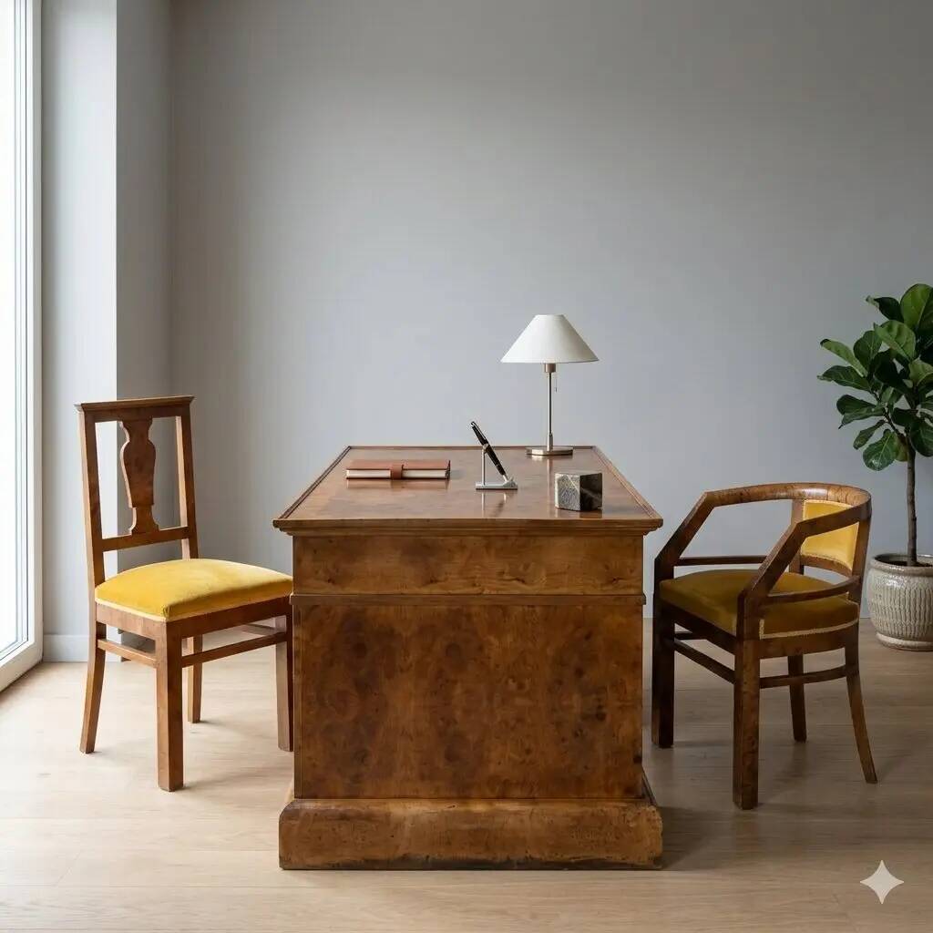 Pair of antique Art Deco chairs in walnut burl veneer, Italy, 20th century.