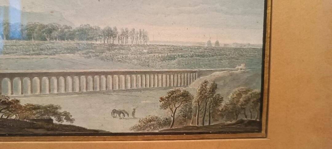 Old watercolour on paper from the early 19th century – landscape with aqueduct