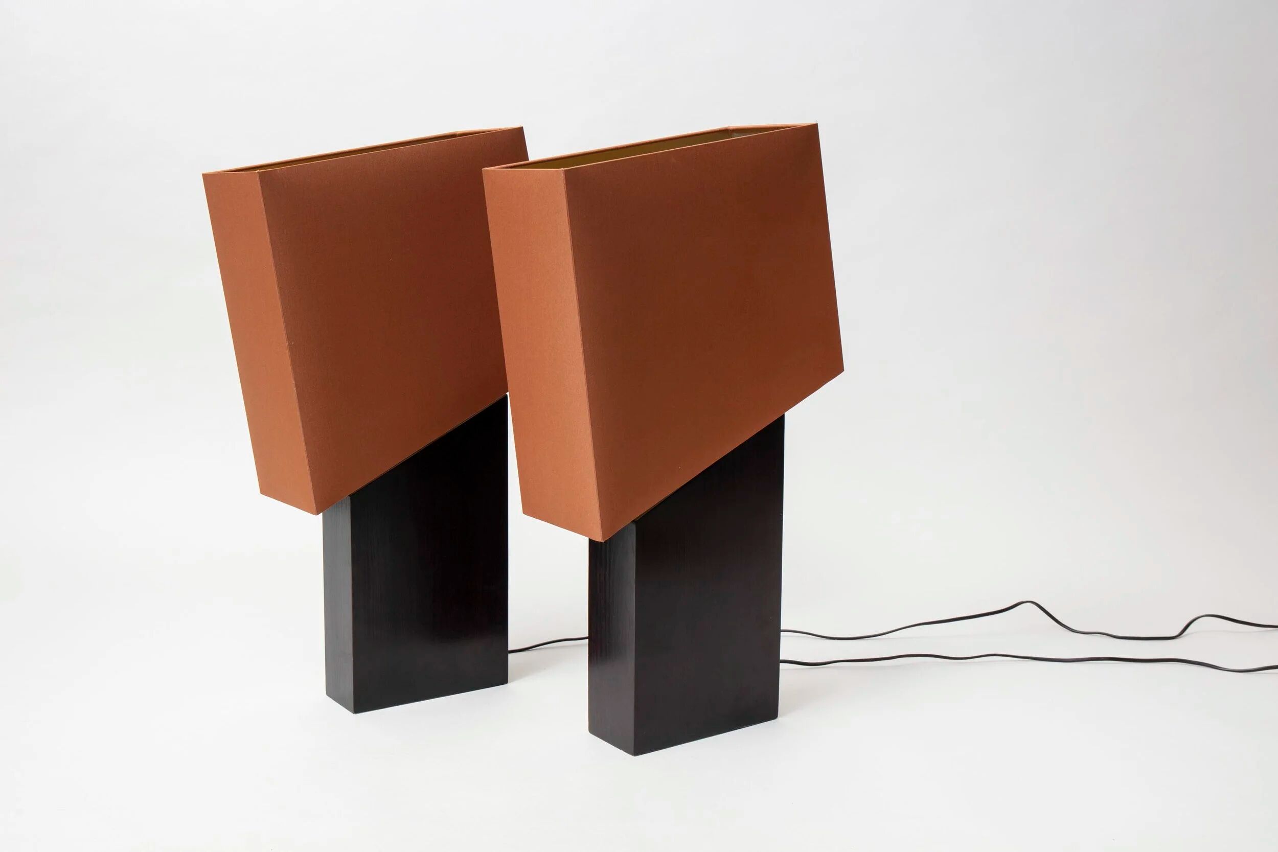 Pair of lamps, wooden base, France 1990s, new shades.