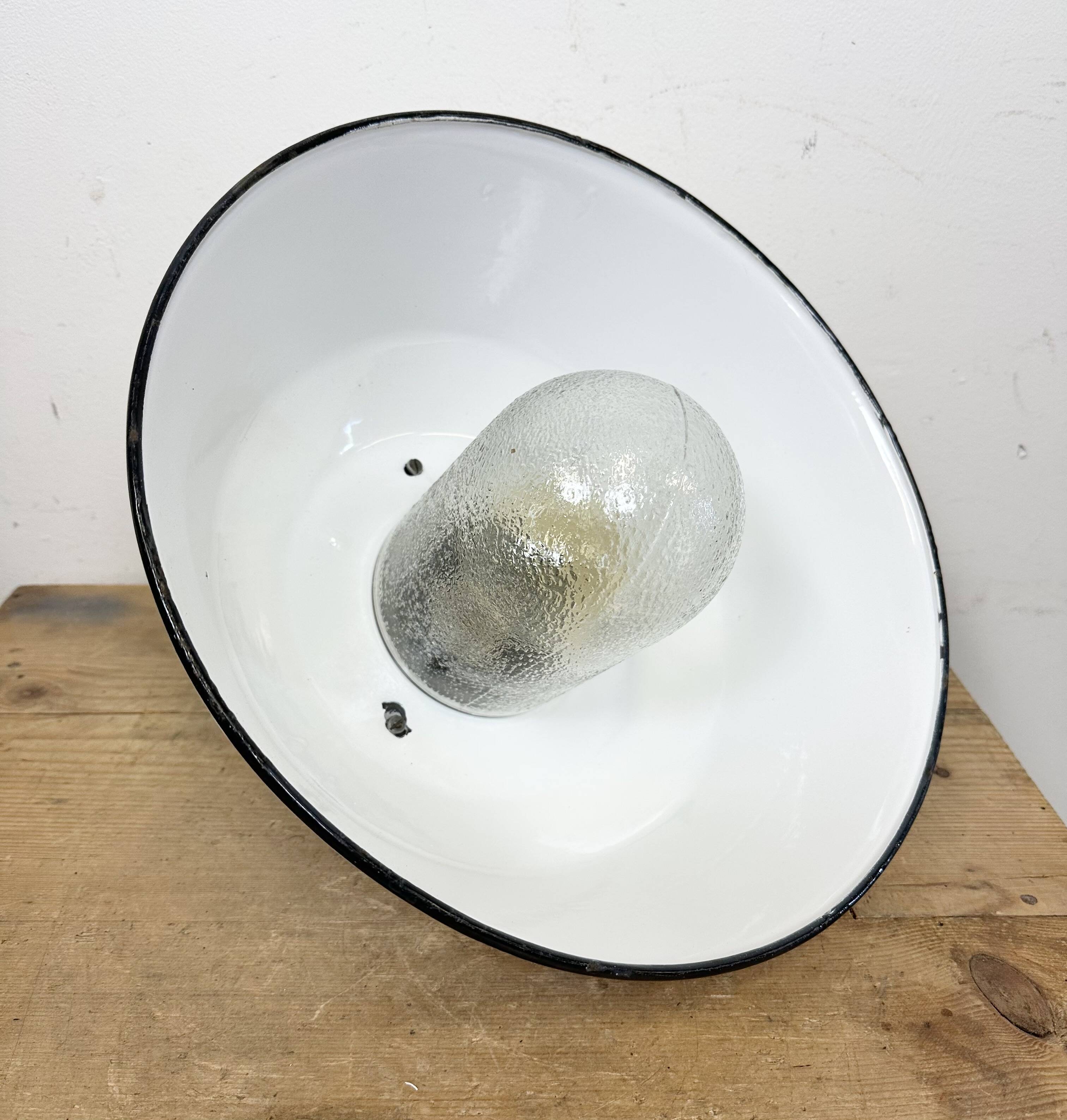 White enamel and cast iron industrial pendant light with glass cover, 1960s