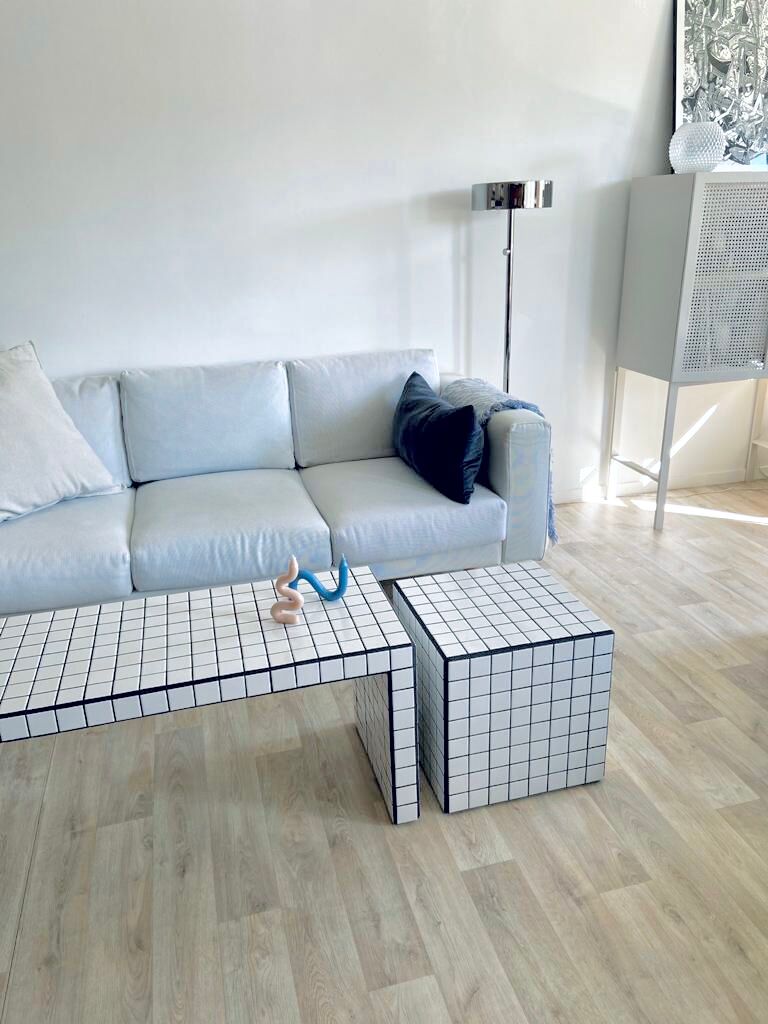 White ceramic mosaic tile coffee table