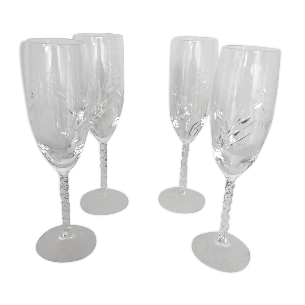 Quatre flutes à champagne en cristal gravées motifs épis de blé Selency