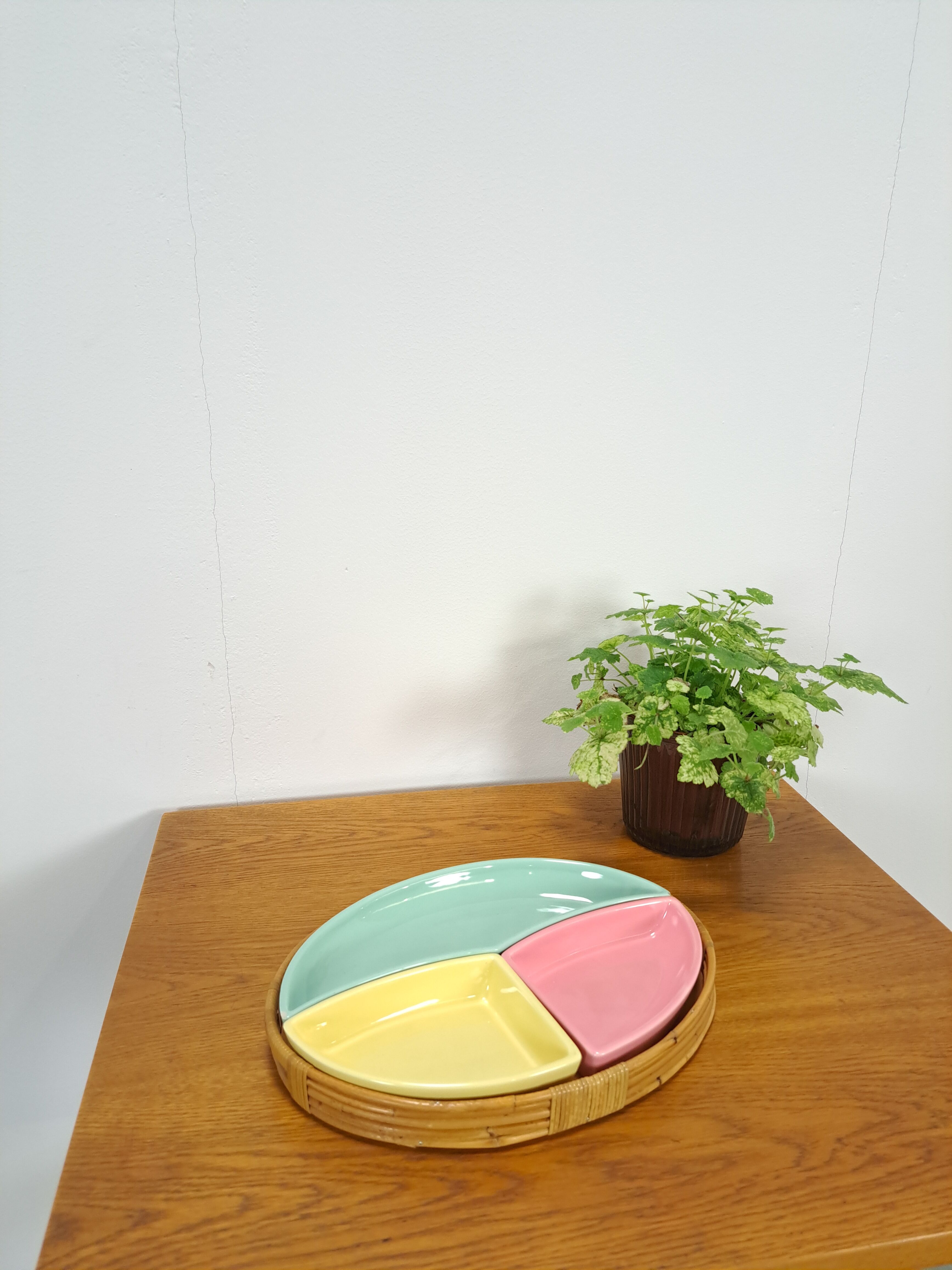 Pastel color bowls set in rattan basket vintage